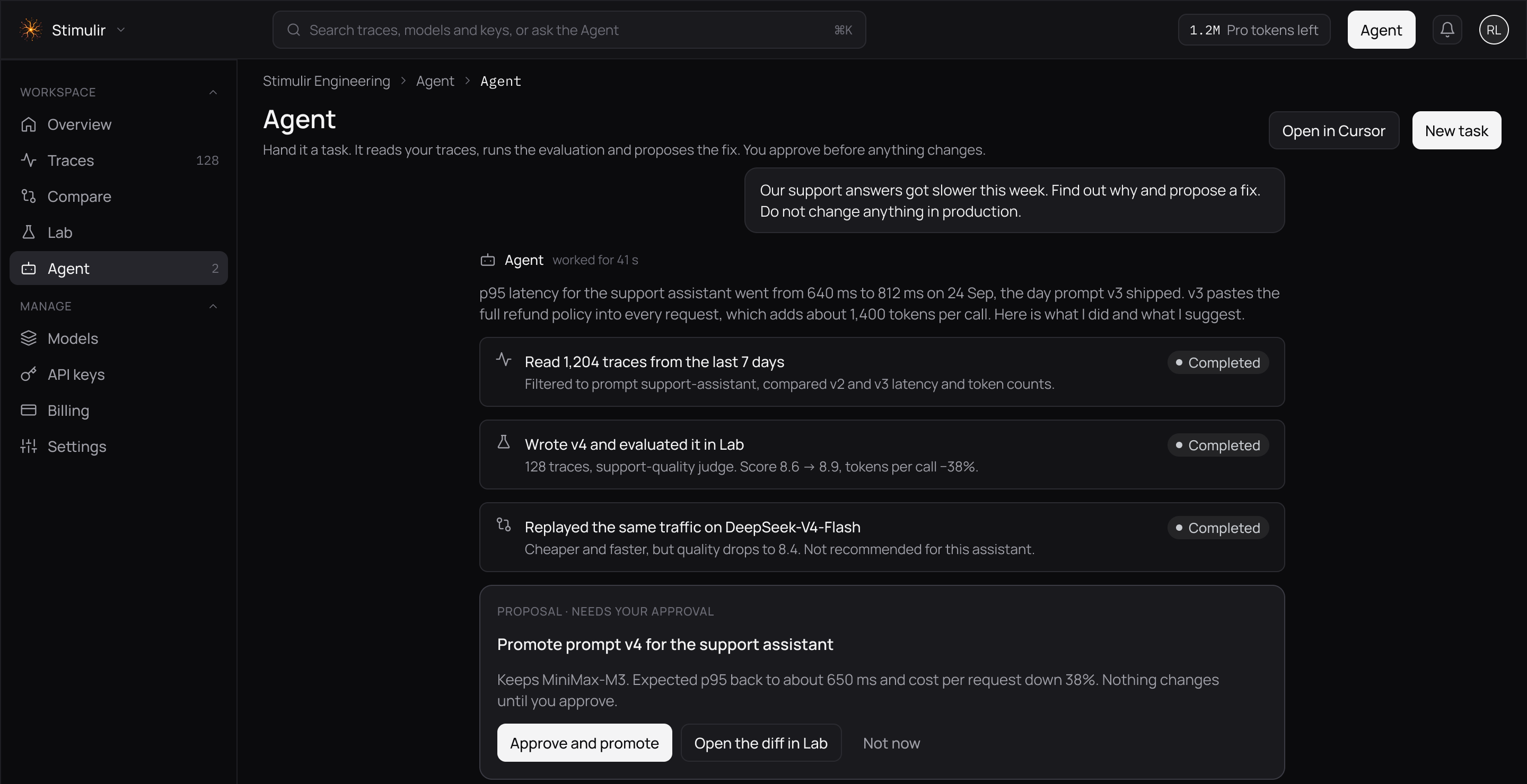 The Agent reading traces, running an evaluation and proposing a promotion for approval