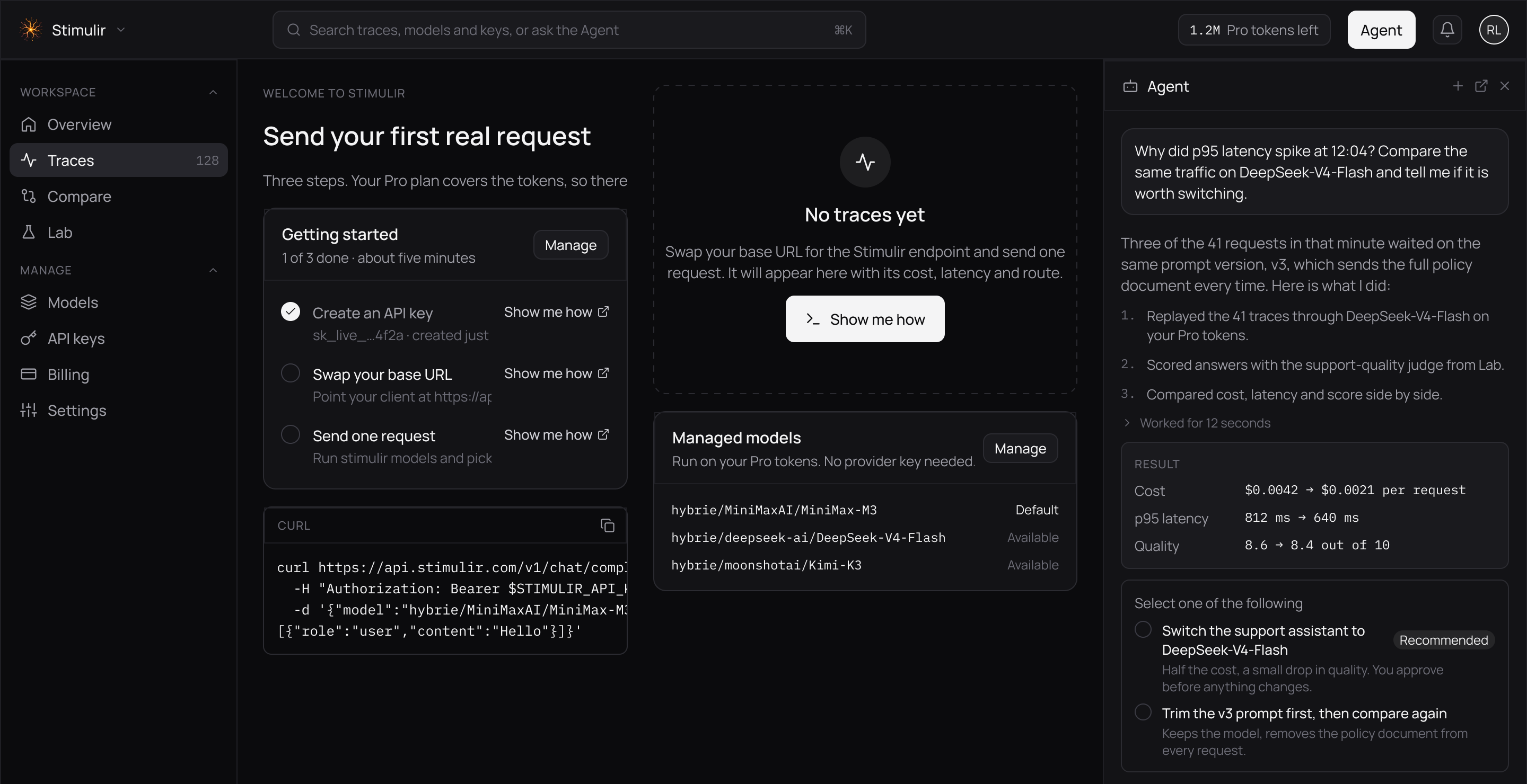 The first-run view: create a key, swap the base URL, send one request
