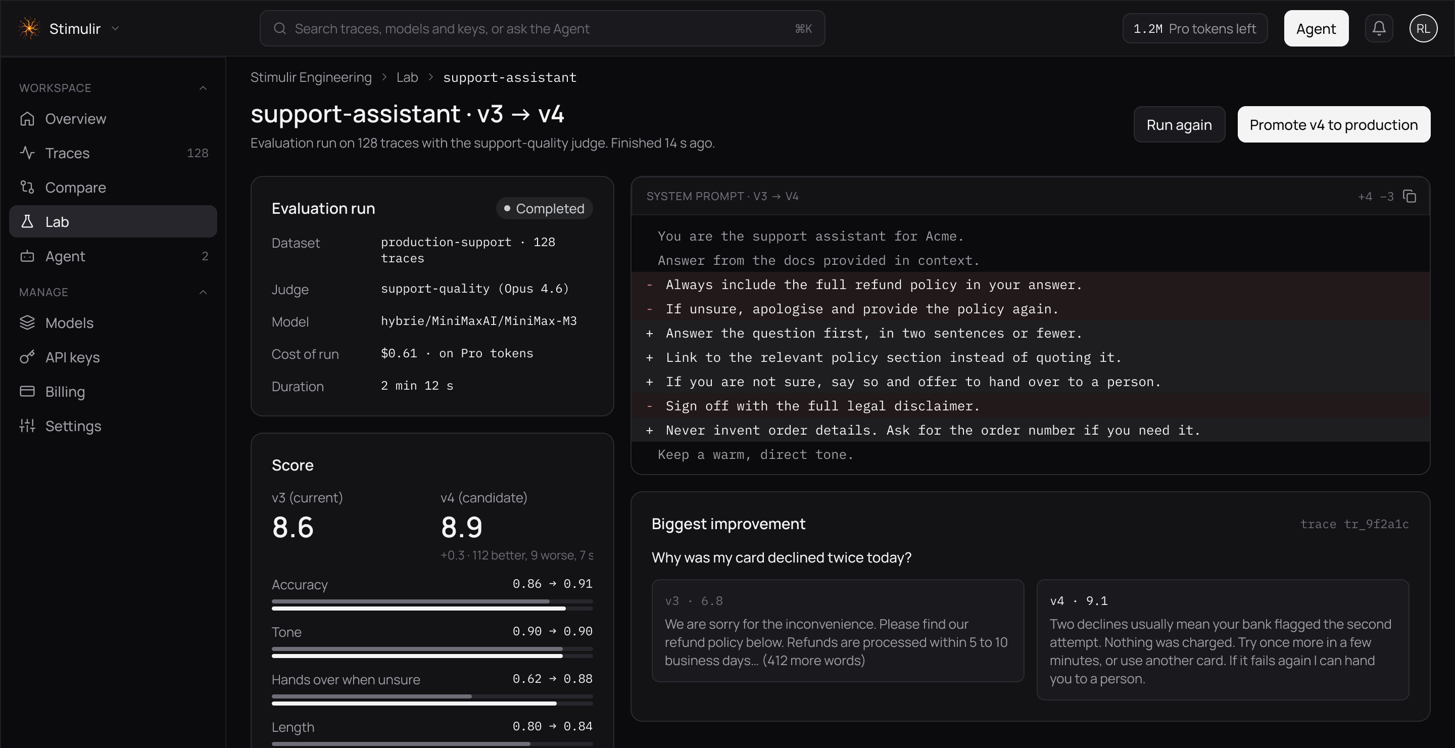 Lab: an evaluation run and the prompt diff from v3 to v4