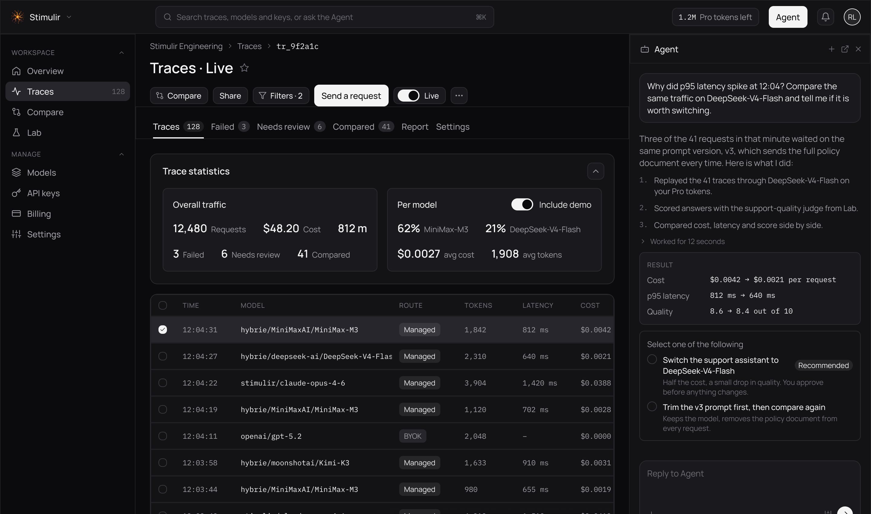 The Stimulir console: live traces with latency and route, and the Agent panel proposing a fix