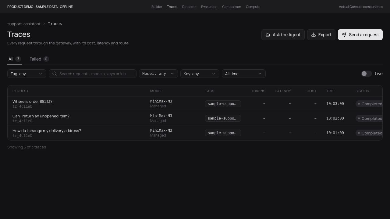 Inspect the recorded request. The Console trace list keeps model, status and timing together. Field availability depends on how the request was captured.